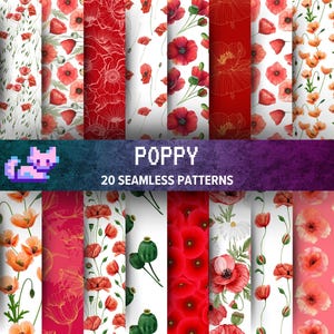 Papel digital con amapolas rojas sin costuras, estampados florales de acuarela para scrapbooking, decoupage, suministros para planificadores, descarga instantánea, uso comercial