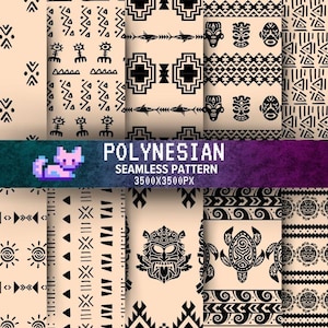 May include: A set of 10 seamless patterns in black and white featuring Polynesian tribal designs. The patterns include geometric shapes, stylised figures, and traditional motifs. The patterns are ideal for creating unique and eye-catching designs for textiles, wallpaper, and other decorative items.