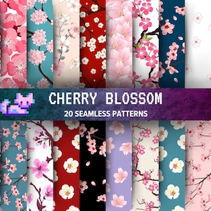 Op de afbeelding: Twintig naadloze patronen met kersenbloesems in verschillende kleuren en stijlen. De patronen zijn gerangschikt in een raster met een titel die "Cherry Blossom 20 Seamless Patterns" luidt.