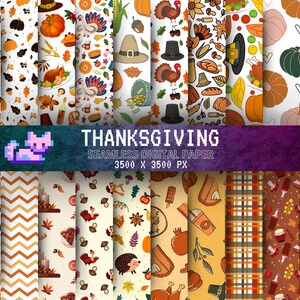 May include: A set of 12 digital papers featuring Thanksgiving themed patterns. The patterns include turkeys, pumpkins, leaves, and other fall elements. The papers are seamless and can be used for a variety of projects, such as scrapbooking, card making, and digital design.  The papers are 3500 x 3500 pixels.