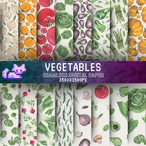 Pacchetto di carta digitale vegetale con illustrazioni ad acquerello di verdure ed erbe per modelli di scrapbook senza soluzione di continuità. Cottura del modello alimentare sano