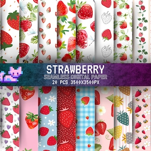 20 papiers numériques sur le thème des fraises, utilisation commerciale sans couture, téléchargement immédiat, papier numérique sur le thème des fraises, papiers numériques aux fraises