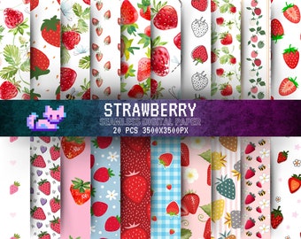 20 Strawberry Themed Digital Papers, Seamless Commercial Use Instant Download Strawberries Themed Digital Paper, Strawberry Digital Papers