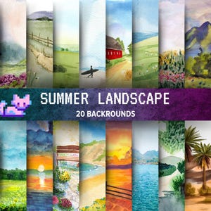 Watercolor Summer Landscape Clipart Bundle, Printable Nature Scenes, Floral Forest Backgrounds, Card Making, Junk Journals, Digital Planners