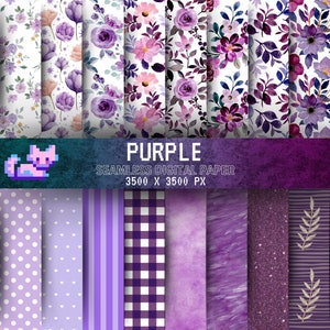 Pakiet papieru cyfrowego Purple Floral. Bezszwowe wzory róż do scrapbookingu, baby shower i kolaży — natychmiastowe pobranie, wykorzystanie komercyjne