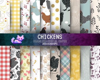 Country farmhouse printable papers, chicken digital download paper, farm background, floral papers, seamless patterns farm mustard boho