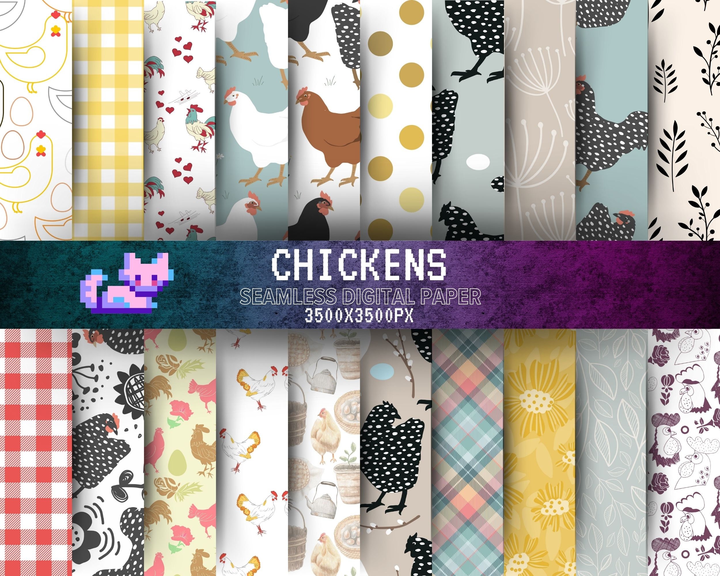 Farmhouse Chicken Printable Papers: Rustic Floral Seamless Patterns ...