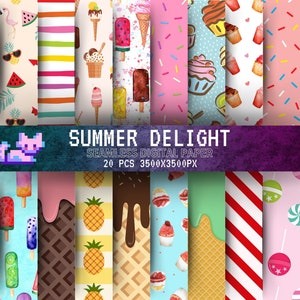 Naadloos ijs en snoep digitaal papier: ananas, cupcake, zomerachtergronden, hagelslag, lolly. Kleurrijk plakboek