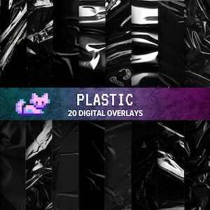Puede incluir: Una obra de arte digital que presenta 20 superposiciones digitales de plástico negro. La palabra "PLASTIC" se muestra en letras mayúsculas blancas con un gráfico de gato pixelado. Las superposiciones tienen una apariencia brillante y reflectante.