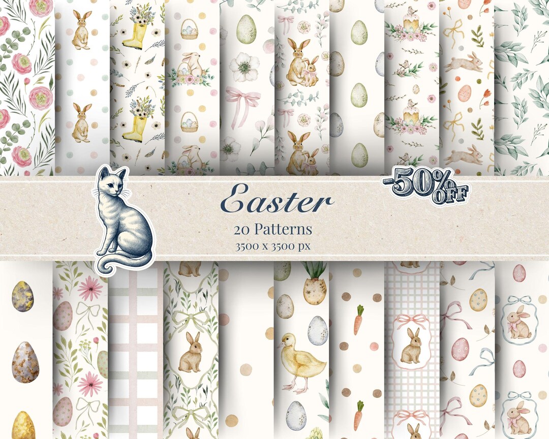 Easter Bunny Digital Paper Pack – Watercolor Floral Seamless Patterns ...