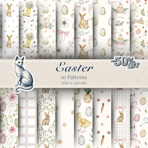 May include: A selection of 20 Easter patterns with bunnies, eggs, flowers, and bows in pastel shades. A cat sticker and text reading "Easter" and "-50% Off" are also included. The patterns are 3500 x 3500 px.