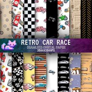 Retro raceauto digitaal papierpakket, vintage auto naadloze achtergrondpatroon, formule 1-scrapbookpagina's, instant download, autobehang