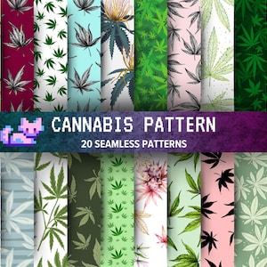 Könnte beinhalten: Ein Set mit 20 nahtlosen Cannabisblatt-Mustern in verschiedenen Farben und Stilen. Die Muster eignen sich perfekt für die Erstellung digitaler oder gedruckter Designs.