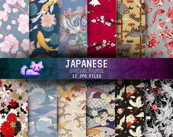 Japanese Nature Digital Paper, Seamless Design, Crane Bird, Wave Pattern, Cherry Blossom, Printable Scrapbook Paper, Commercial Use