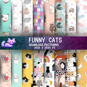 Paquete de 20 papeles digitales divertidos de gatos. Patrones de gatitos adorables, fondos para álbumes de recortes con temática de mascotas: descarga instantánea y uso comercial