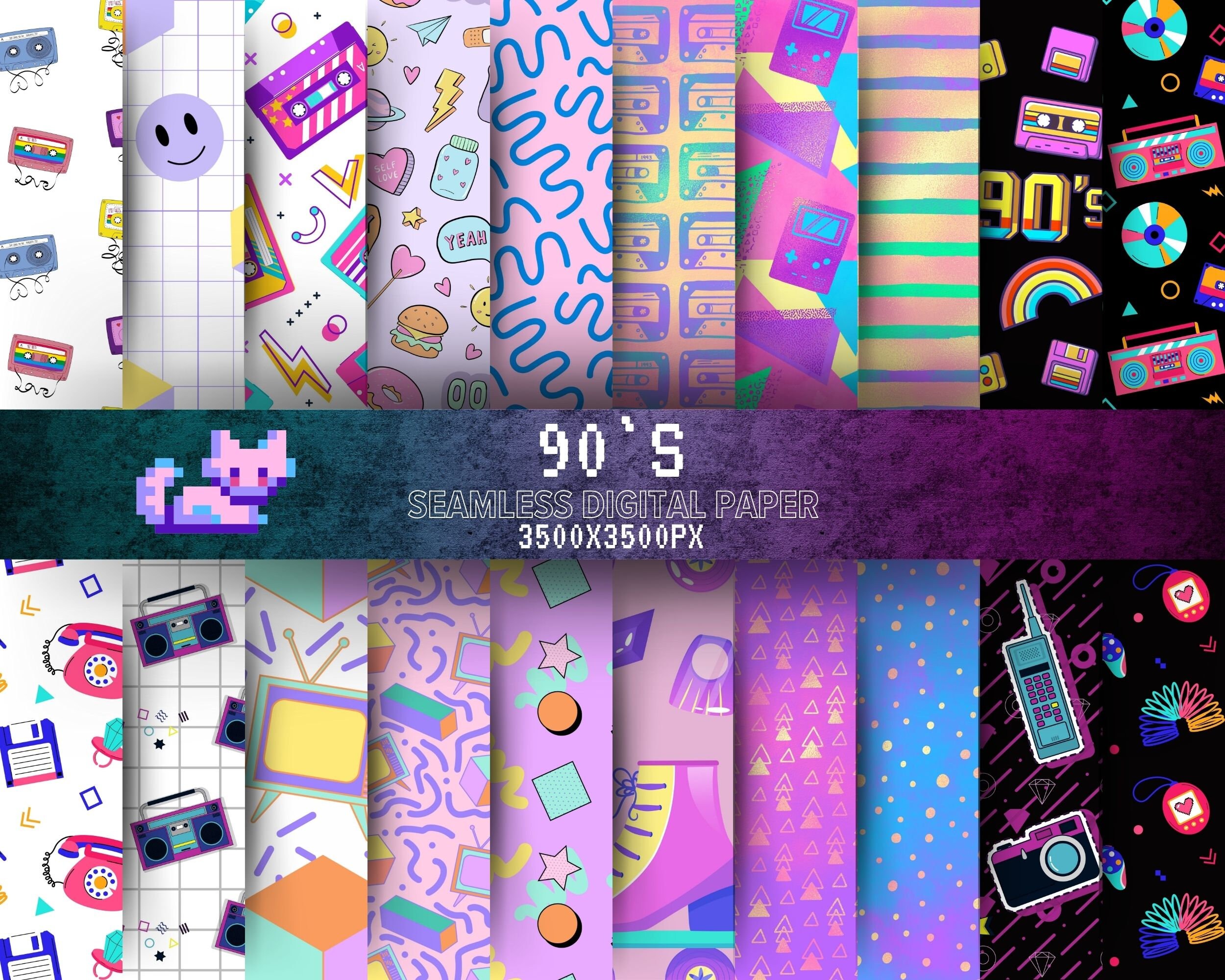 Nostalgia Digital Papers: Embrace 80s and 90s Aesthetic with Nostalgic Planner, Kids' Themes, and Retro Electronics Seamless Patterns