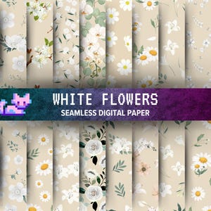 Neutral Floral Digital Paper Pack, 20 Seamless Watercolor White Flowers & Beige Backgrounds, Scrapbooking, 12x12 inch, Commercial Use