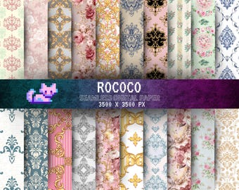 Marie Antoinette Rococo Pattern: Watercolor Roses & Baroque-Inspired Floral Digital Paper - Seamless, Printable, Commercial Use