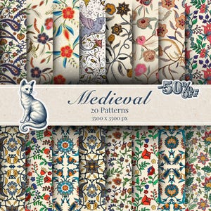 May include: A selection of 20 medieval-style patterns featuring floral and paisley designs in diverse colours. The patterns showcase red, blue, and green flowers on a cream backdrop. A white cat sticker and the word "Medieval" are also visible.