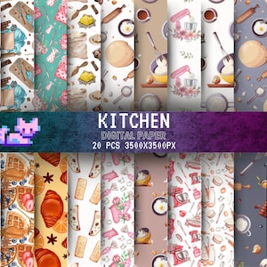 Seamless Kitchen Digital Paper Pack: Watercolor Cooking Objects & Recipe Backgrounds for Scrapbooking, Crafting