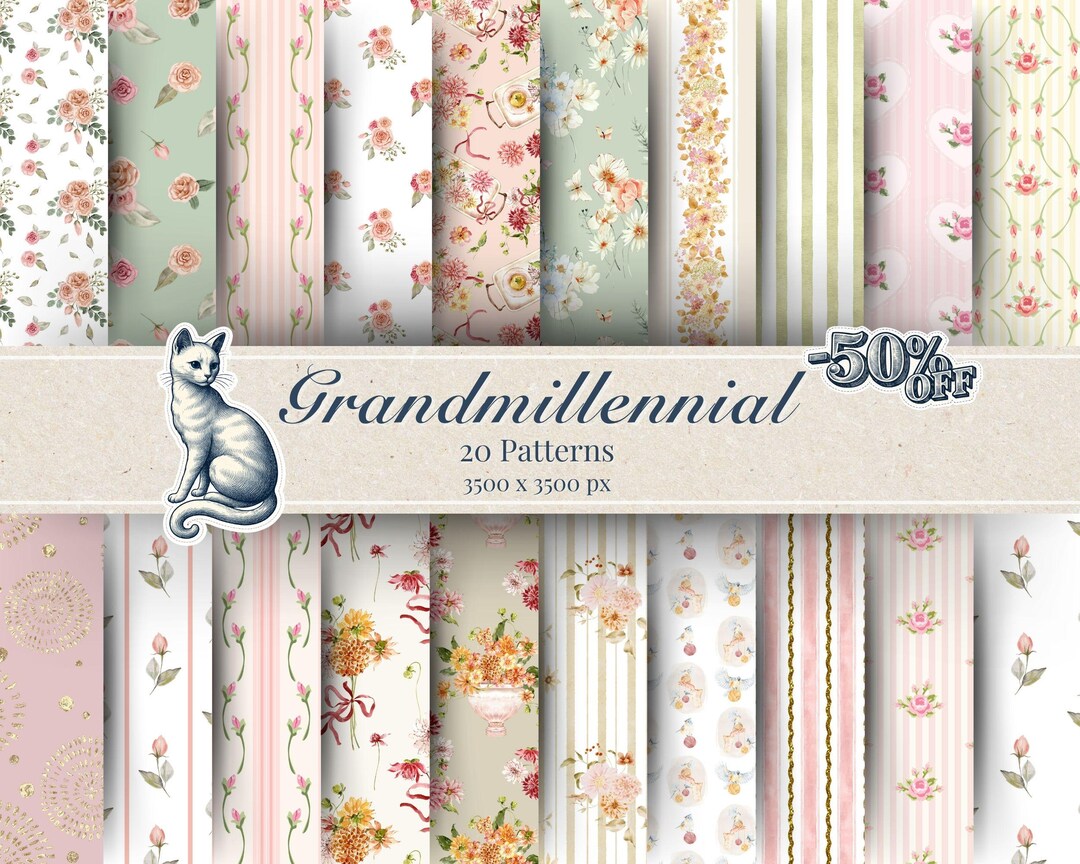 Grandmillennial Floral Digital Paper Pack – Pastel Stripes & Seamless ...