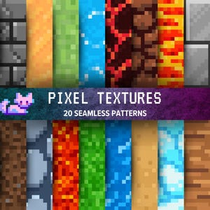 Pixelart digitaal papierpakket, 20 naadloze korrelige texturen van water, zand, gras, lava, bakstenen 8-bits retroontwerpen scrapbooking, ambachten