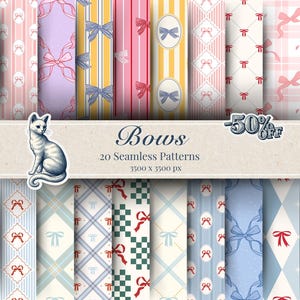 May include: A collection of 20 seamless patterns featuring bows in various designs and colors. The patterns include stripes, plaid, and diamond shapes, with a color palette of pink, blue, yellow, and green. The word "Bows" is displayed with a cat illustration.