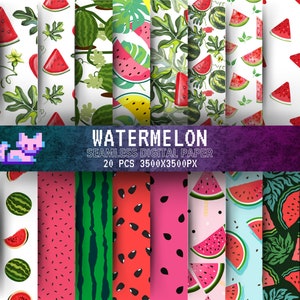 20 Wassermelonen-Digitalpapier. Sommerliches Scrapbooking-Papier. Nahtloser Wassermelonenhintergrund. Handgezeichnete Sommerfrüchte, Samen, Früchte, digitale Papiere