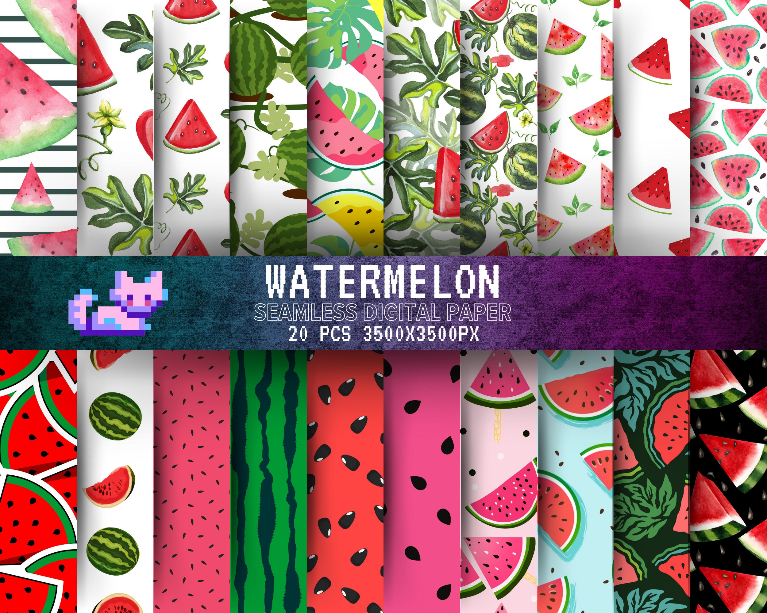 20 Watermelon Digital Paper. Summer Scrapbooking Paper. Seamless Watermelon Background. Hand Drawn Summer Fruit, Seed, Fruits Digital Papers