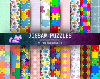 Jigsaw Puzzles Digital Paper, Seamless Pattern, Colorful Rainbow Repeatable Background Graphic School Children Autism Awareness Learning