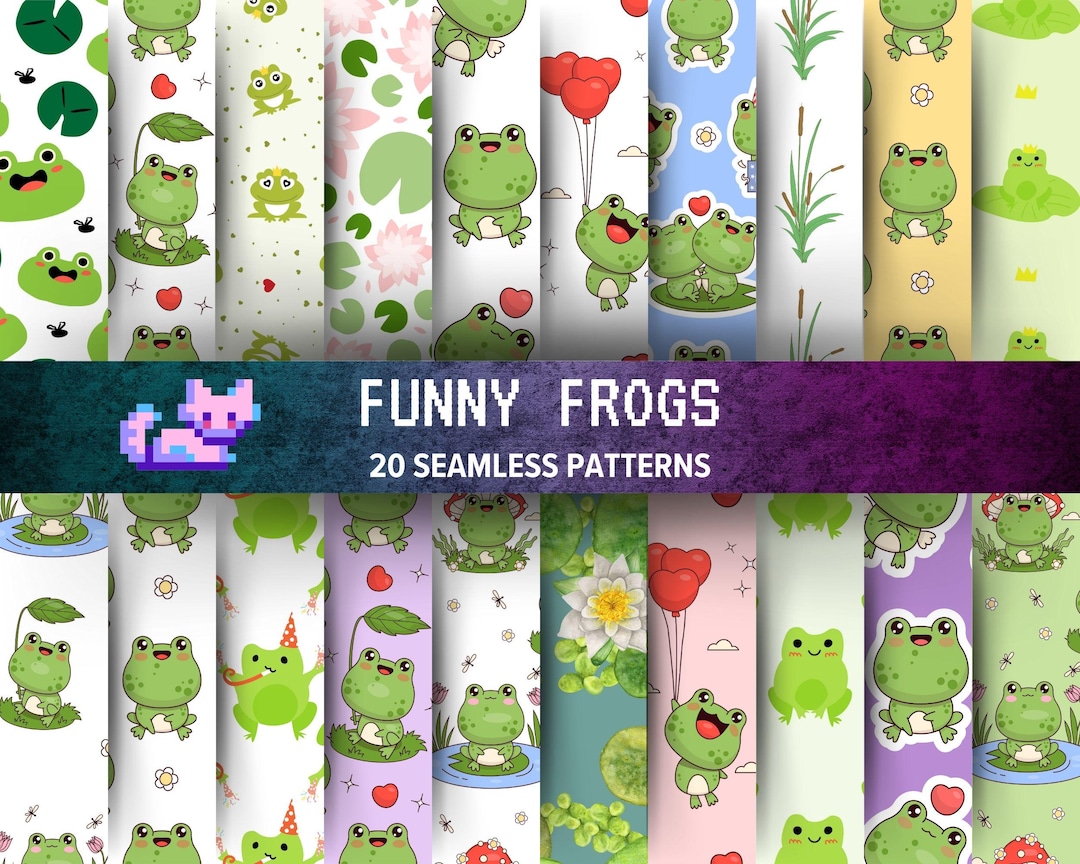 Frog Seamless Pattern Digital Paper Pack, Kawaii Style (digital ...