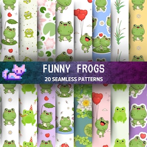 Paquet de 20 grenouilles en papier numérique. Modèles sans couture de grenouilles mignonnes pour le scrapbooking, l'emballage, l'agenda et les arrière-plans de forêt enchantée, téléchargement immédiat