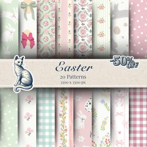 Könnte beinhalten: Eine Sammlung von 20 Ostermustern in Pastellfarben, darunter Blumen-, Tupfen- und Vichy-Designs. Das Bild zeigt einen dekorativen Katzenaufkleber und den Text "Easter" mit einem Banner "-50% Off".