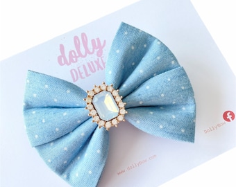 SPRING Hair Bow Denim Dots Dolly Bow DELUXE