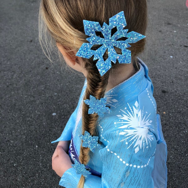 FROZEN Hair Clips 3 Set Disney Inspired Elsa Snowflakes Dolly Bow