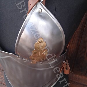 May include: A silver breastplate with a decorative gold leaf design. The breastplate is made of metal and has a leather strap.