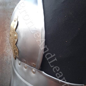 May include: A silver metal breastplate with a decorative brass design. The breastplate has a curved shape and is secured with rivets.