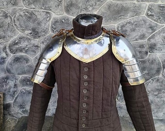 Shoulders protection set.  pair of pauldrons and gorget with brass. steel larp armor