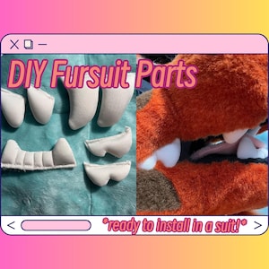 May include: DIY fursuit parts, including white foam pieces for the mouth and teeth, and a close-up of a red and orange fur suit head. The text reads "ready to install in a suit!"
