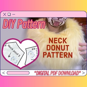 Puede incluir: Un patrón de bricolaje para un donut de cuello, con un collar de piel sintética amarilla y esponjosa. La imagen incluye piezas de patrón etiquetadas como "Neck poof 3" y "Neck poof 2" dentro de un marco en forma de corazón. El texto dice "NECK DONUT PATTERN" y "DIGITAL PDF DOWNLOAD".