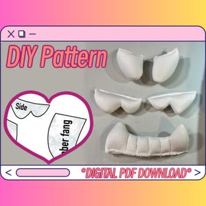 May include: DIY pattern for a plush toy with a white fabric. The pattern includes pieces for the side, upper fang, and lower fang. The text "DIY Pattern" and "*DIGITAL PDF DOWNLOAD*" are visible on the image.