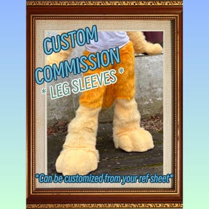 May include: Custom commission leg sleeves in shades of orange and cream, with a furry texture. The image includes text that says "Custom Commission Leg Sleeves" and "Can be customized from your ref sheet". The leg sleeves are designed to resemble animal legs.