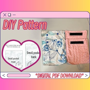 Peut inclure: Un patron de téléchargement PDF numérique pour une petite poche avec deux options de tissu. Une option est un tissu blanc avec un motif floral bleu et l'autre est un tissu rose avec des pois blancs. Le patron comprend des instructions pour l'avant et l'arrière de la poche.