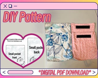 May include: A digital PDF download pattern for a small pocket with two fabric options. One option is a white fabric with a blue floral pattern and the other is a pink fabric with white polka dots. The pattern includes instructions for the front and back of the pocket.