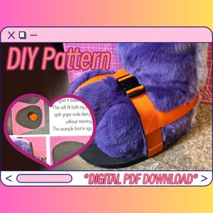 May include: A DIY pattern digital download featuring a purple furry foot with an orange strap and black buckle. The text "DIY Pattern" is displayed at the top, with additional text and diagrams in a heart-shaped inset.