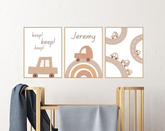 Gepersonaliseerde jongenskamerafdrukken, afdrukbare kunst, afdrukbare kinderen, auto's print, kinderkamer kunst aan de muur afdrukbaar, kinderkamer print, aangepaste naam, auto's