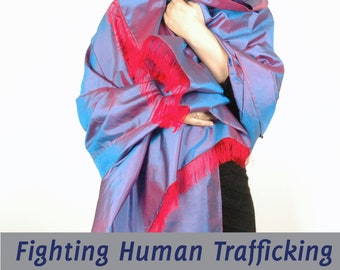 Blue/Red Luxury Thai Silk Shawl