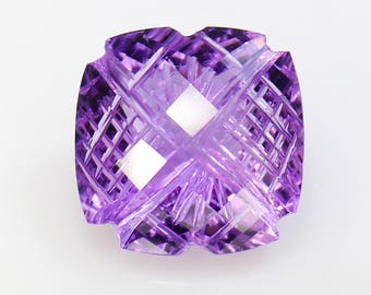 Natural Amethyst Carving: Cushion Cut Loose Gemstone (11.40 CT, 15x15x9 mm)