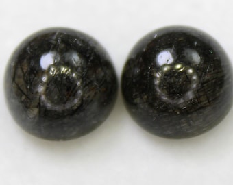 Black Rutile Quartz Cabochon Pair: Round Gemstone for Jewelry Making (9.39 Carats, 10x10x6 mm)