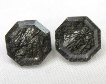 Black Rutile Quartz Hexagon Pair: 6.75 Carat Faceted Gemstone, 10x10x5.5 mm